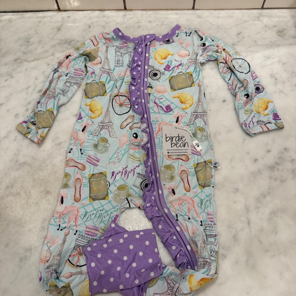 Birdie Bean Zipper‎ Pajamas Emilie in Paris Print Ruffle Trim Footed 2T
